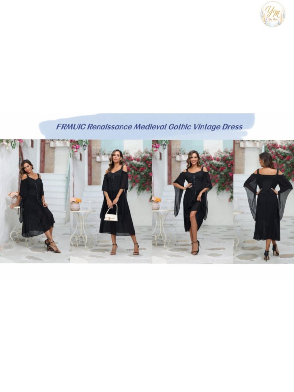Women Renaissance Gothic Lace Trumpet Sleeve Maxi Dress Costume - Picture 5 of 5